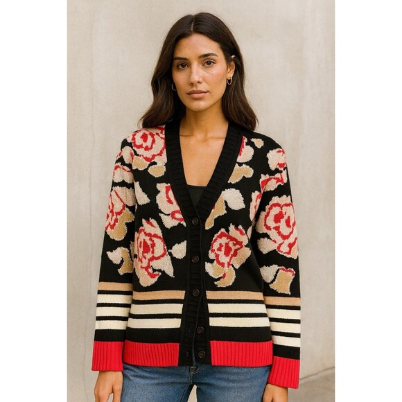 MISSONI Knit Cardigan 6 Italy Red Black Wool Viscose Floral Stripes Classic - Picture 1 of 11